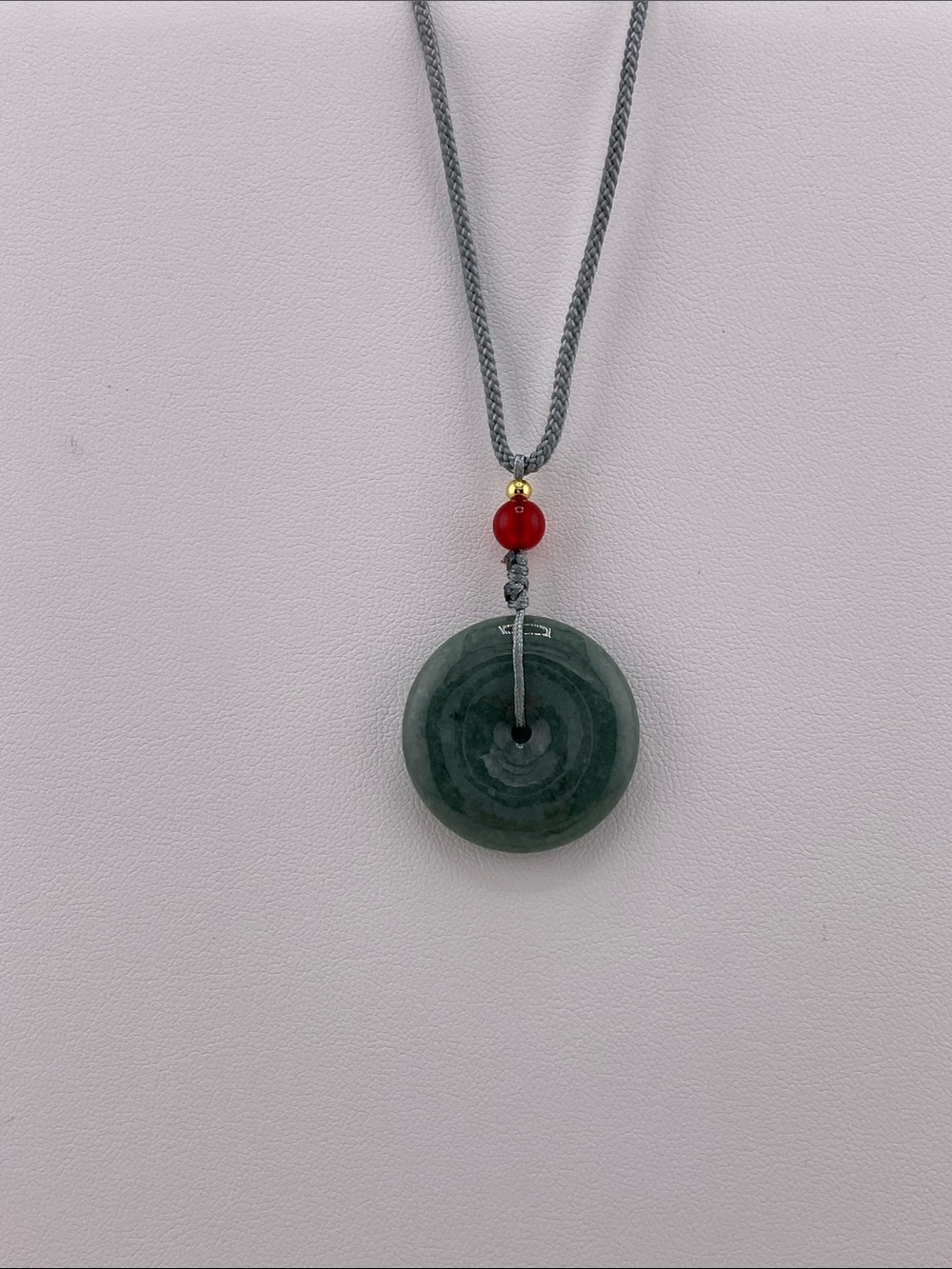 Handcrafted Green Jade Donut Pendant Necklace with Red Accent Bead
